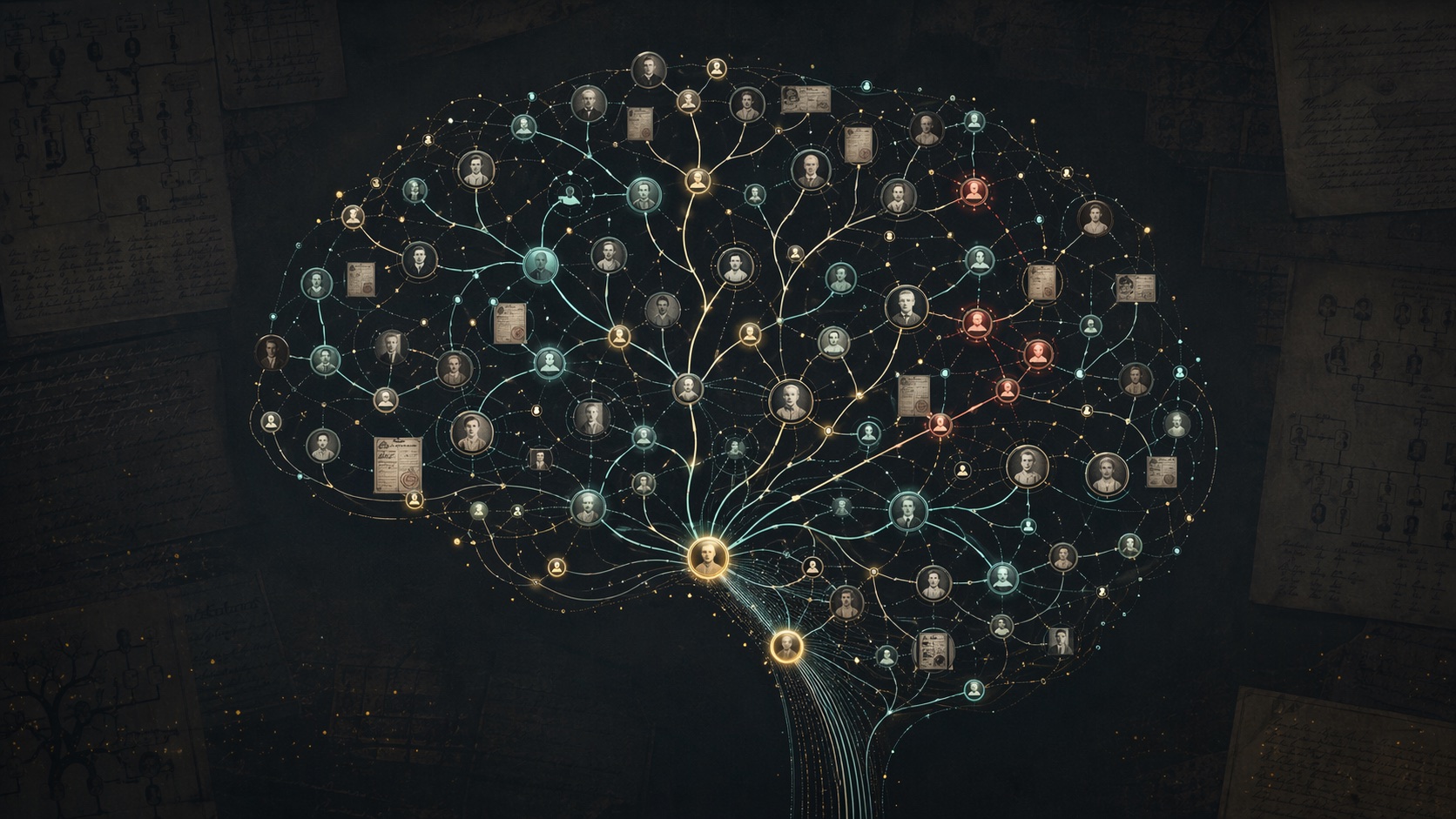 A brain-shaped lineage graph made from family tree nodes, source records, and branching evidence paths