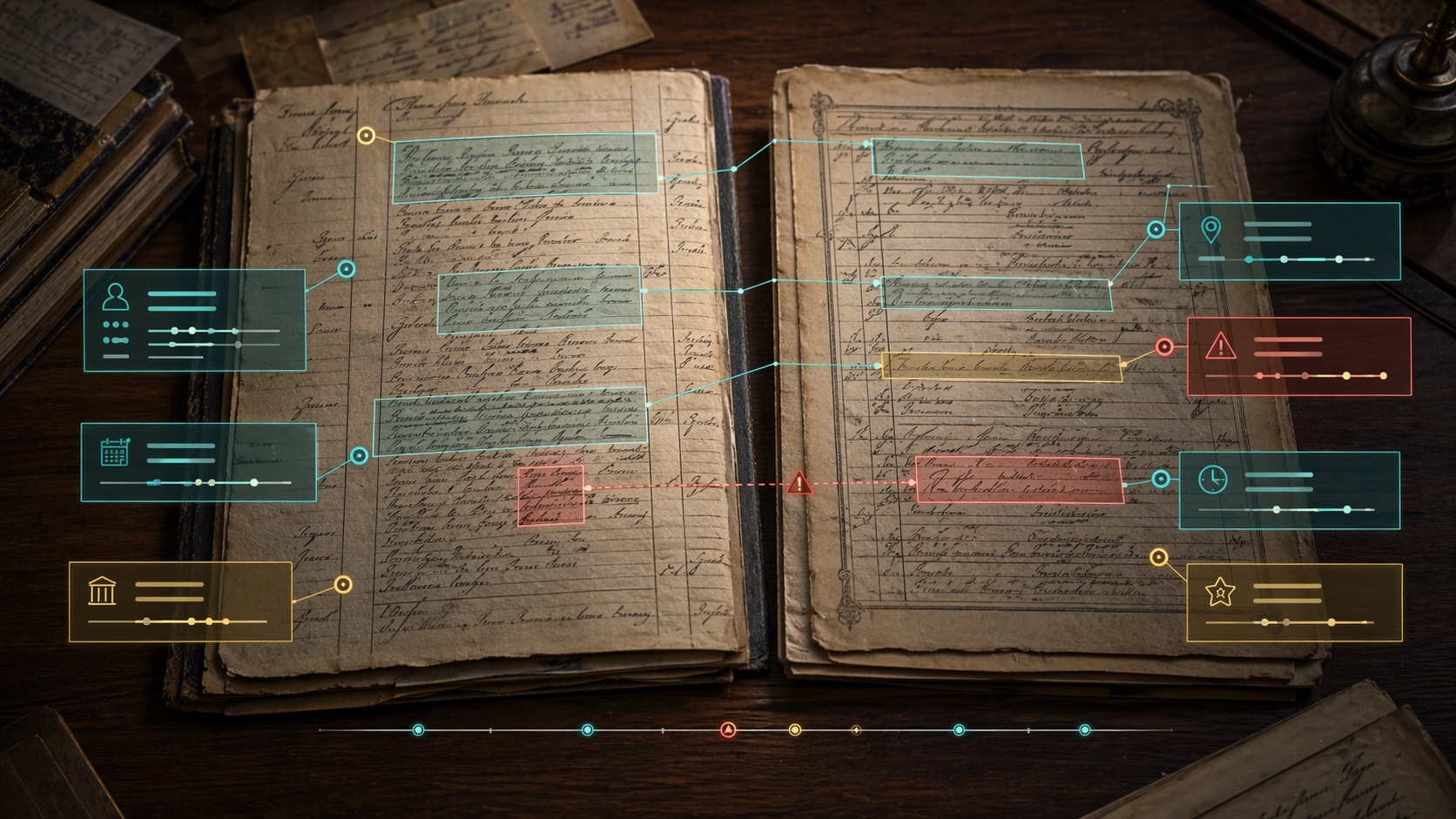Two historical records compared side by side with source annotations, chronology markers, and visible conflict highlights