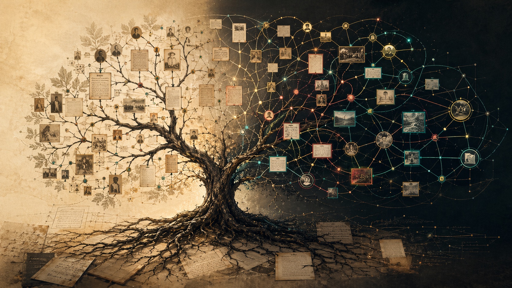 A family tree growing into a source-backed knowledge graph with linked records and evidence nodes