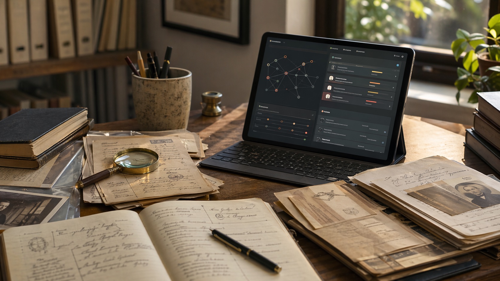 A professional research desk with archival papers and a modern review interface for source-backed branch suggestions